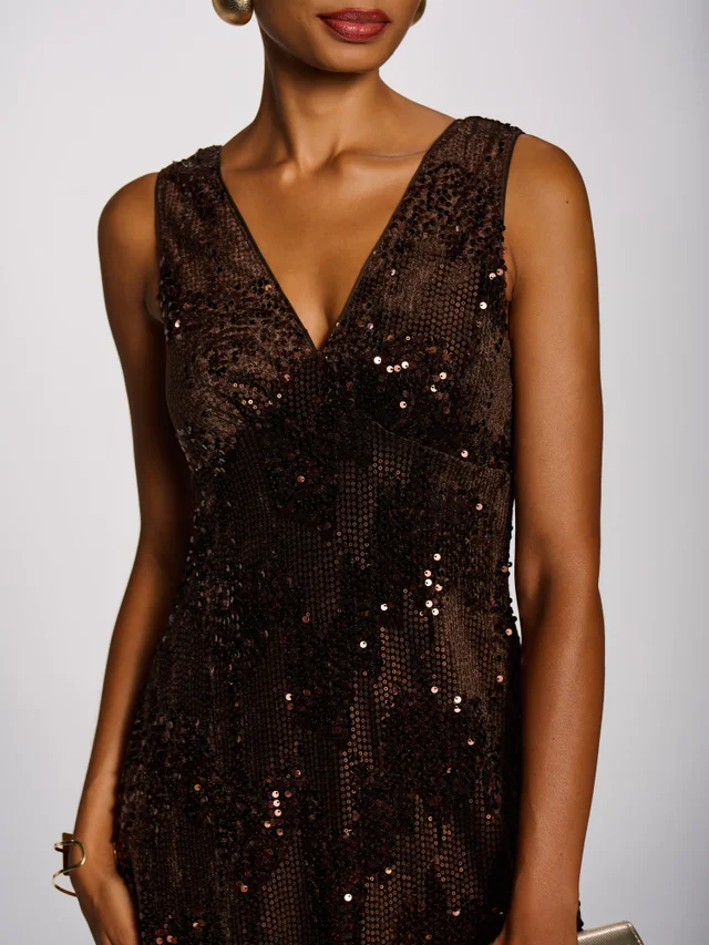 Jolie Moi Brown V-Neck Sequin Embellished Velvet Midi Dress