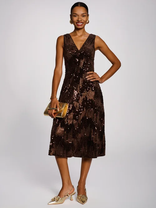 Jolie Moi Brown V-Neck Sequin Embellished Velvet Midi Dress - 10 Image 1