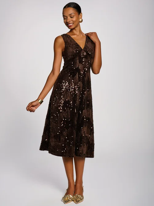 Jolie Moi Brown V-Neck Sequin Embellished Velvet Midi Dress - 10 Image 3