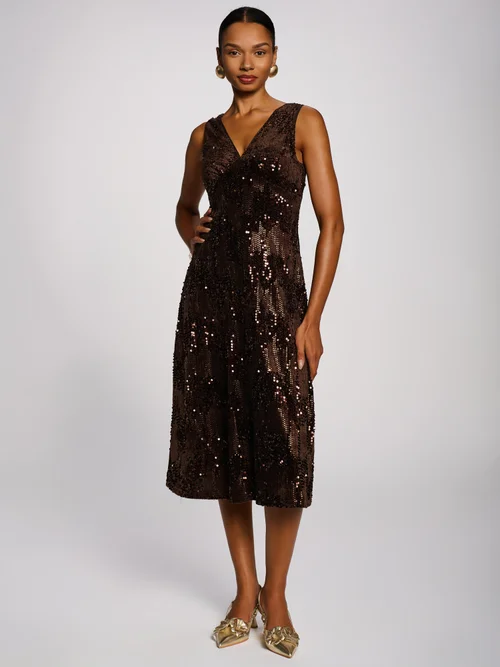 Jolie Moi Brown V-Neck Sequin Embellished Velvet Midi Dress - 10 Image 5