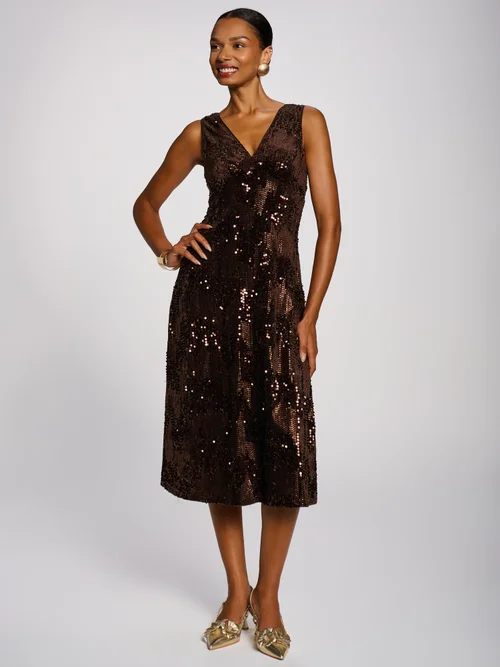 Jolie Moi Brown V-Neck Sequin Embellished Velvet Midi Dress - 10 Image 4