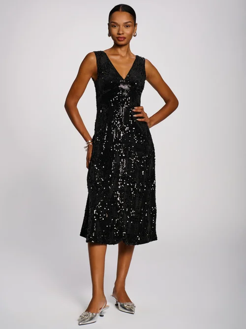 Jolie Moi Black V-Neck Sequin Embellished Velvet Midi Dress - 20 Image 4