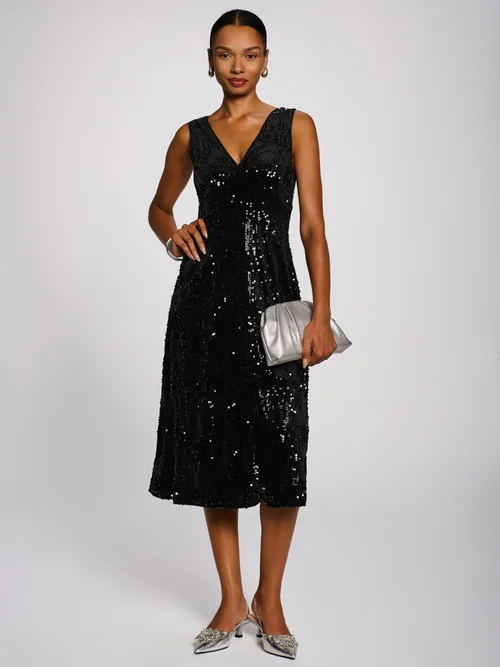 Jolie Moi Black V-Neck Sequin Embellished Velvet Midi Dress - 20 Image 3