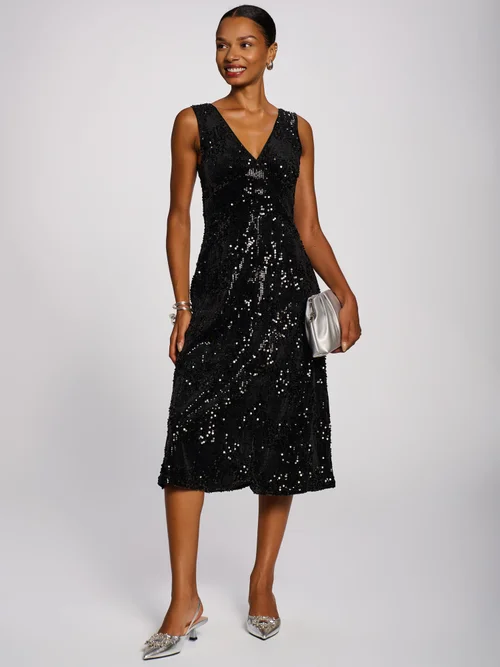 Jolie Moi Black V-Neck Sequin Embellished Velvet Midi Dress - 20 Image 1