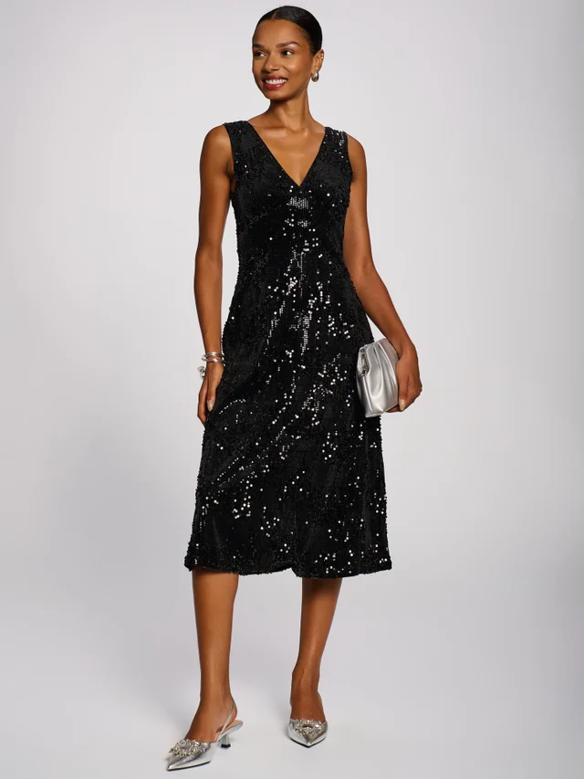 Jolie Moi Black V-Neck Sequin Embellished Velvet Midi Dress