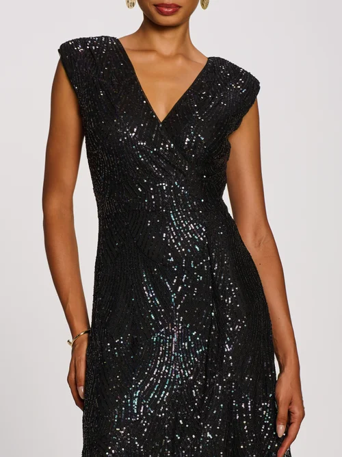 Jolie Moi Black Multi Brown Sequin V-Neck Maxi Dress - 18 Image 2