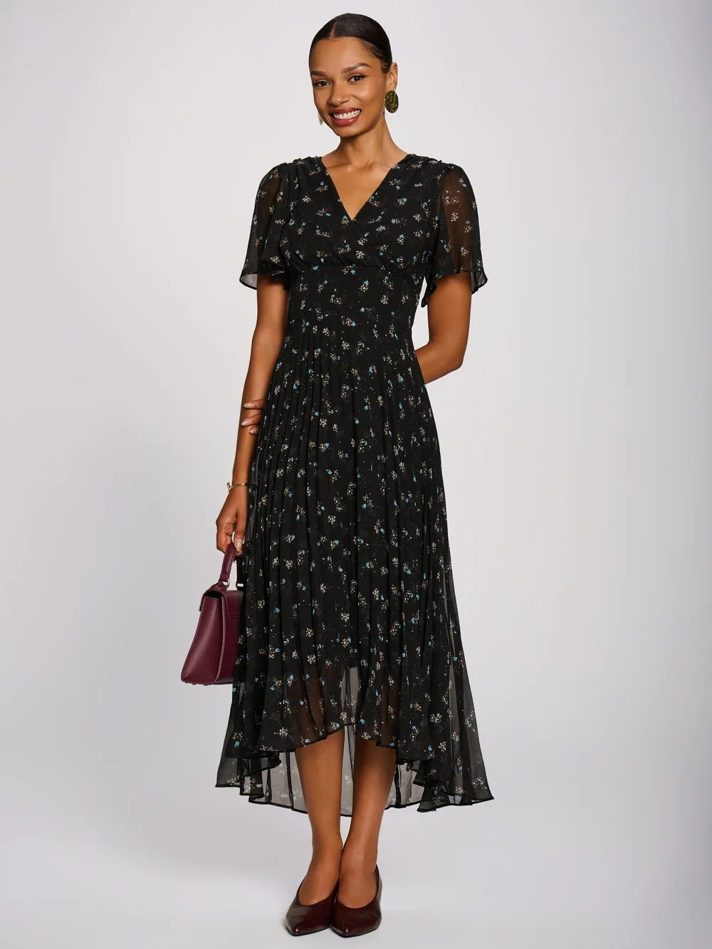 Jolie Moi Black Floral Chiffon Pleated Maxi Dress - 12 Image 5