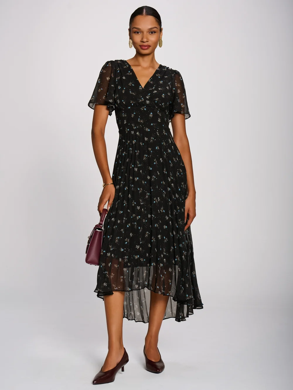Jolie Moi Black Floral Chiffon Pleated Maxi Dress - 12 Image 1