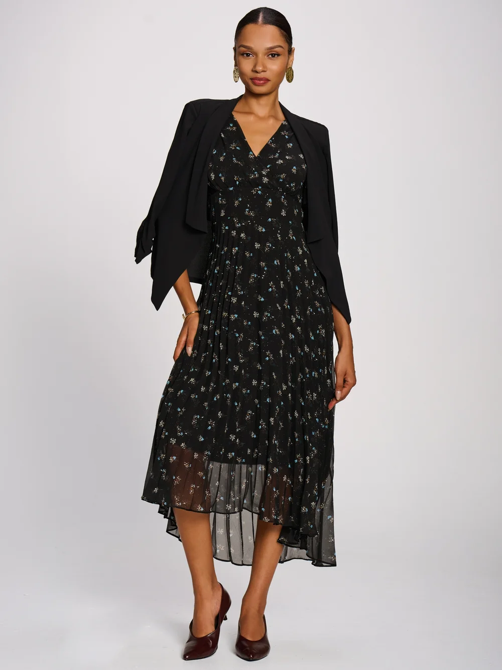 Jolie Moi Black Floral Chiffon Pleated Maxi Dress - 12 Image 4