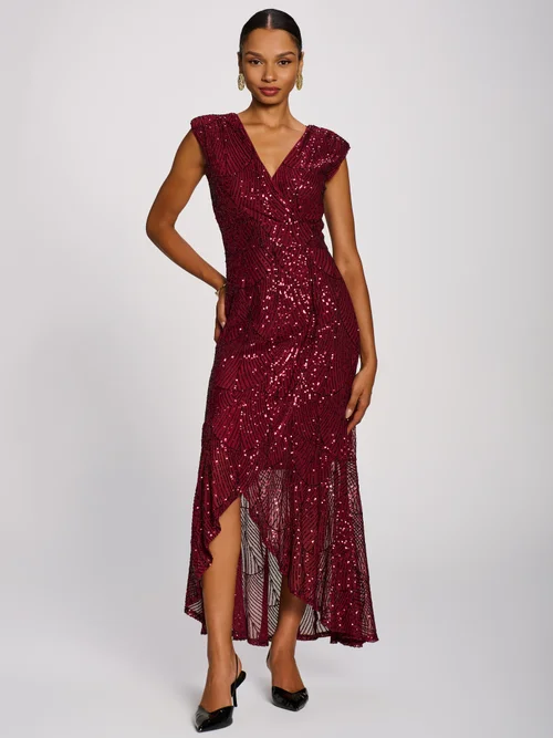 Jolie Moi Burgundy Sequin Flare Hem Maxi Dress - 10 Image 5