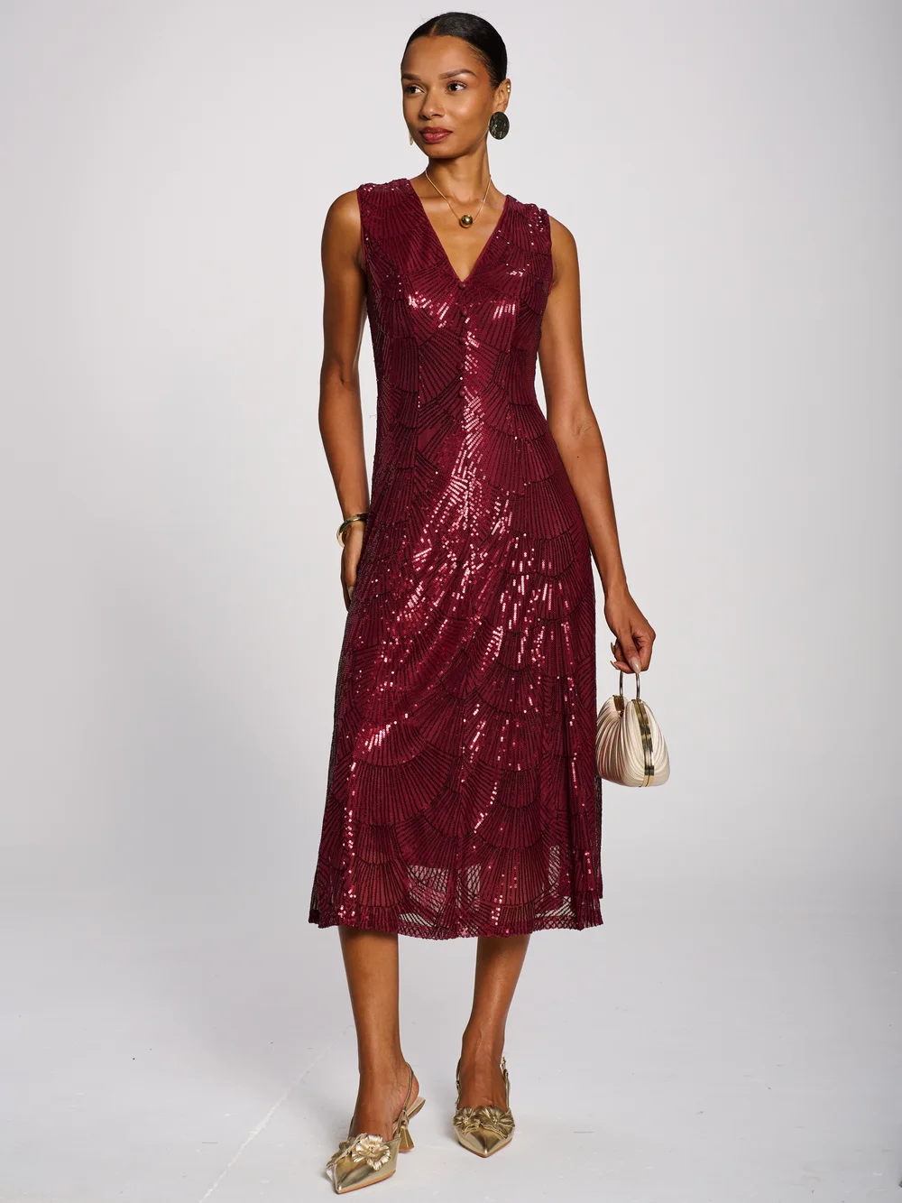 Jolie Moi Burgundy Patterned Sequin V-Neckline Midi Dress - 8 Image 1