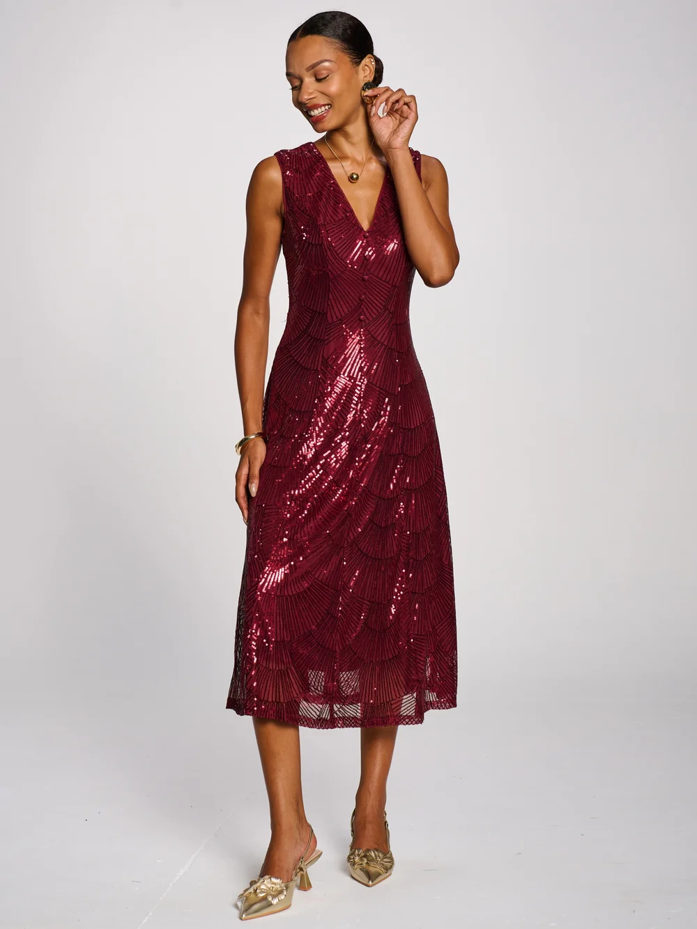 Jolie Moi Burgundy Patterned Sequin V-Neckline Midi Dress - 8 Image 4
