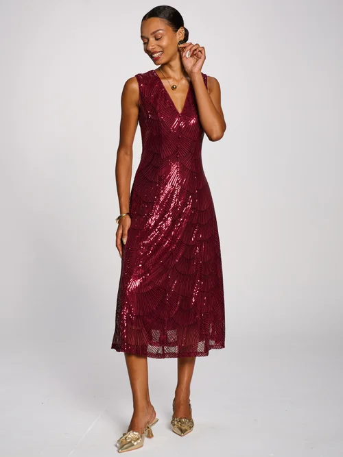 Jolie Moi Burgundy Patterned Sequin V-Neckline Midi Dress - 8 Image 4