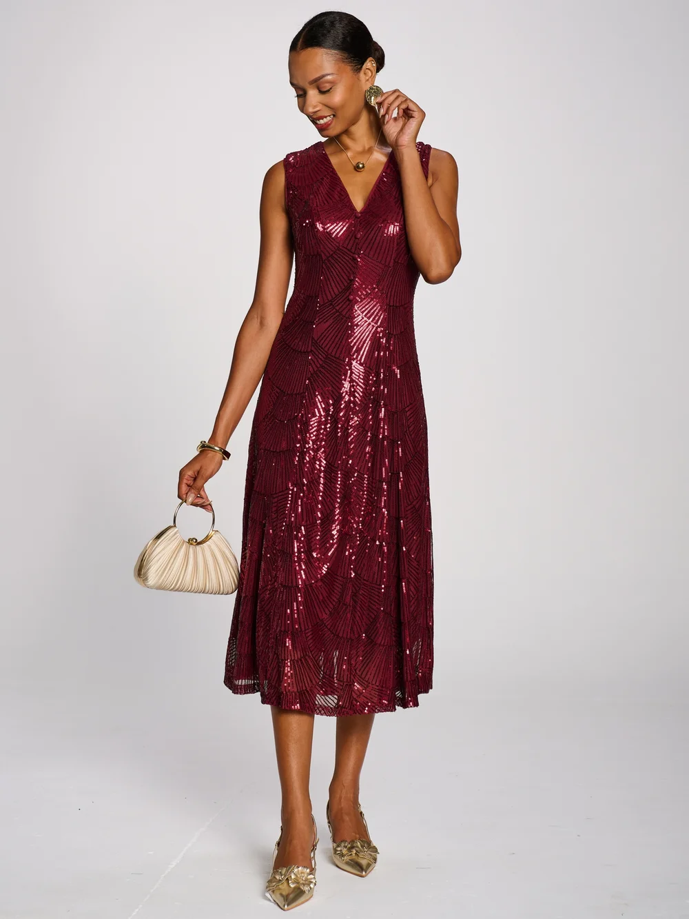 Jolie Moi Burgundy Patterned Sequin V-Neckline Midi Dress - 8 Image 3