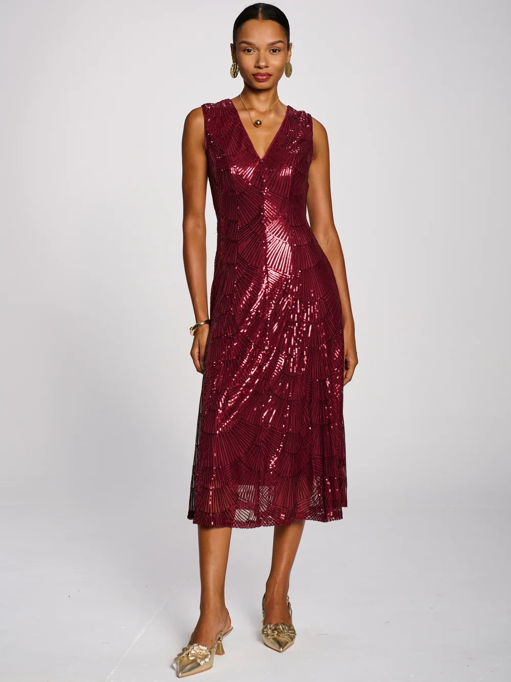 Jolie Moi Burgundy Patterned Sequin V-Neckline Midi Dress - 8 Image 5