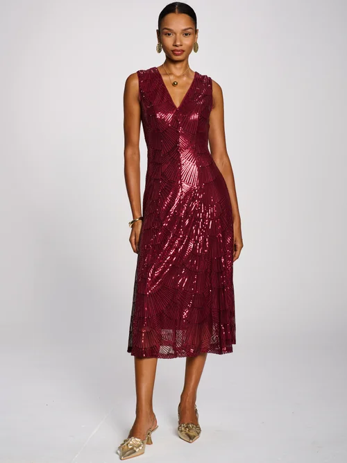 Jolie Moi Burgundy Patterned Sequin V-Neckline Midi Dress - 8 Image 5