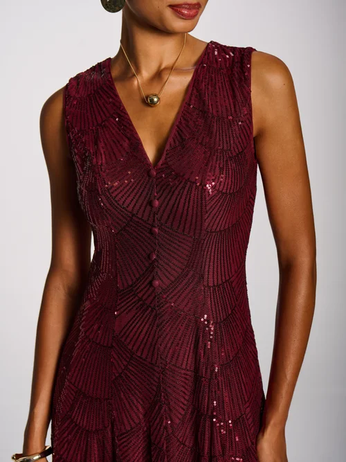 Jolie Moi Burgundy Patterned Sequin V-Neckline Midi Dress - 8 Image 2