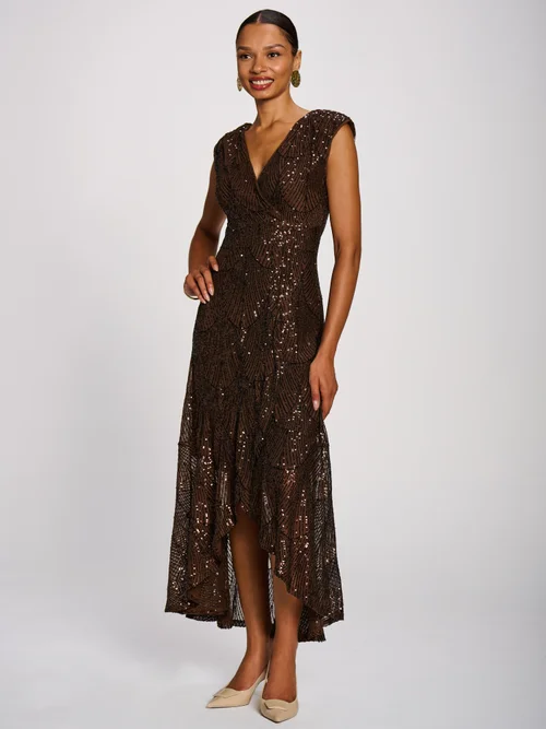 Jolie Moi Chocolate Brown Sequin Flare Hem Maxi Dress - 10 Image 5