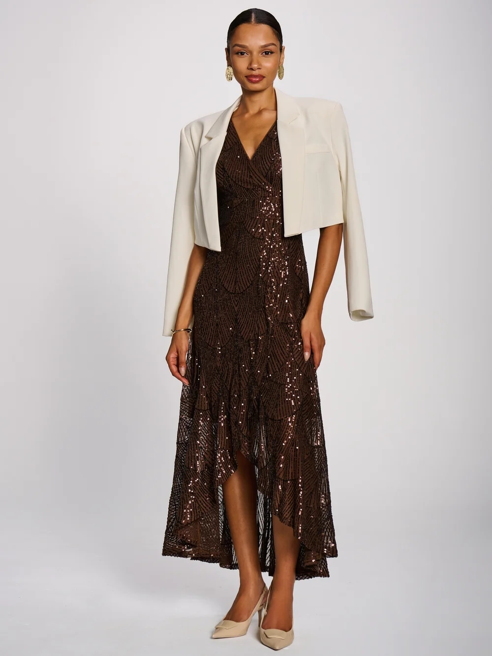 Jolie Moi Chocolate Brown Sequin Flare Hem Maxi Dress - 10 Image 4