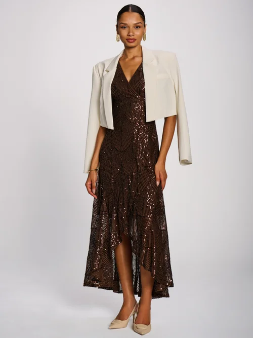 Jolie Moi Chocolate Brown Sequin Flare Hem Maxi Dress - 10 Image 4