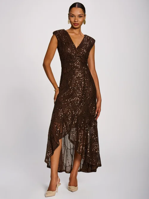 Jolie Moi Chocolate Brown Sequin Flare Hem Maxi Dress - 10 Image 3