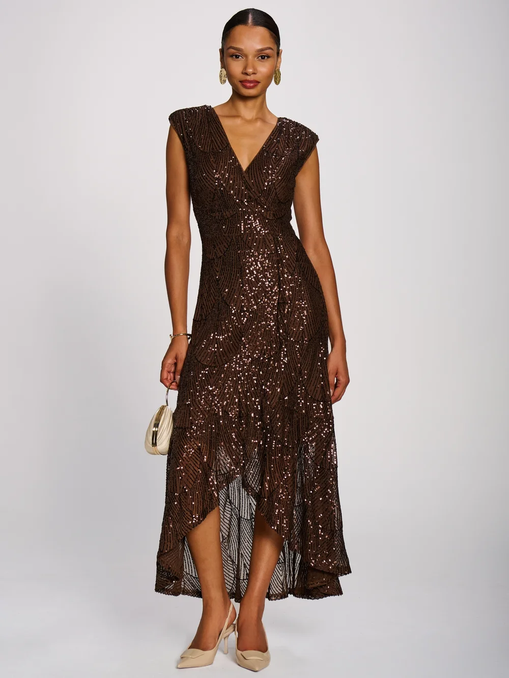 Jolie Moi Chocolate Brown Sequin Flare Hem Maxi Dress - 10 Image 1