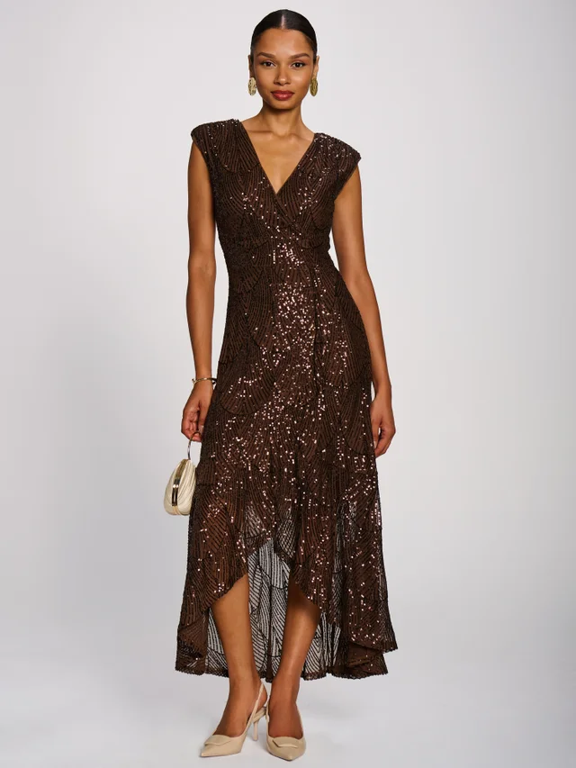Jolie Moi Chocolate Brown Sequin Flare Hem Maxi Dress