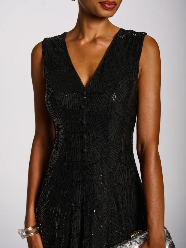 Jolie Moi Black Patterned Sequin V-Neckline Midi Dress