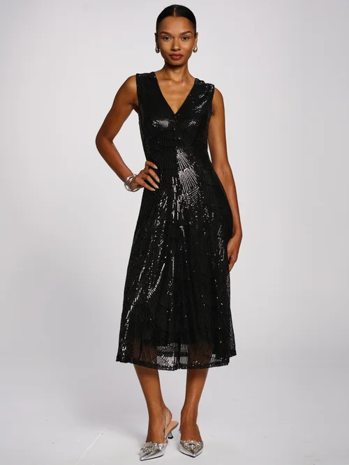 Jolie Moi Black Patterned Sequin V-Neckline Midi Dress - 20 Image 4