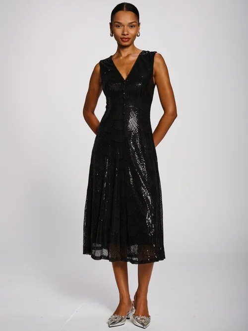 Jolie Moi Black Patterned Sequin V-Neckline Midi Dress - 20 Image 3