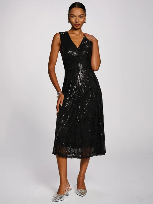 Jolie Moi Black Patterned Sequin V-Neckline Midi Dress - 20 Image 1