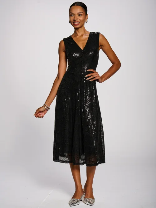 Jolie Moi Black Patterned Sequin V-Neckline Midi Dress - 20 Image 5
