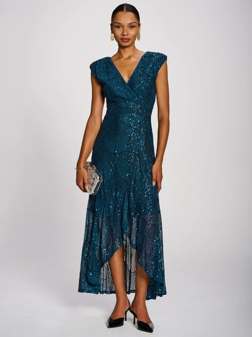 Jolie Moi Deep Teal Sequin Flare Hem Maxi Dress - 14 Image 3