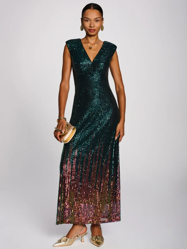 Jolie Moi Emerald Green Mermaid Patterned Sequin Maxi Dress