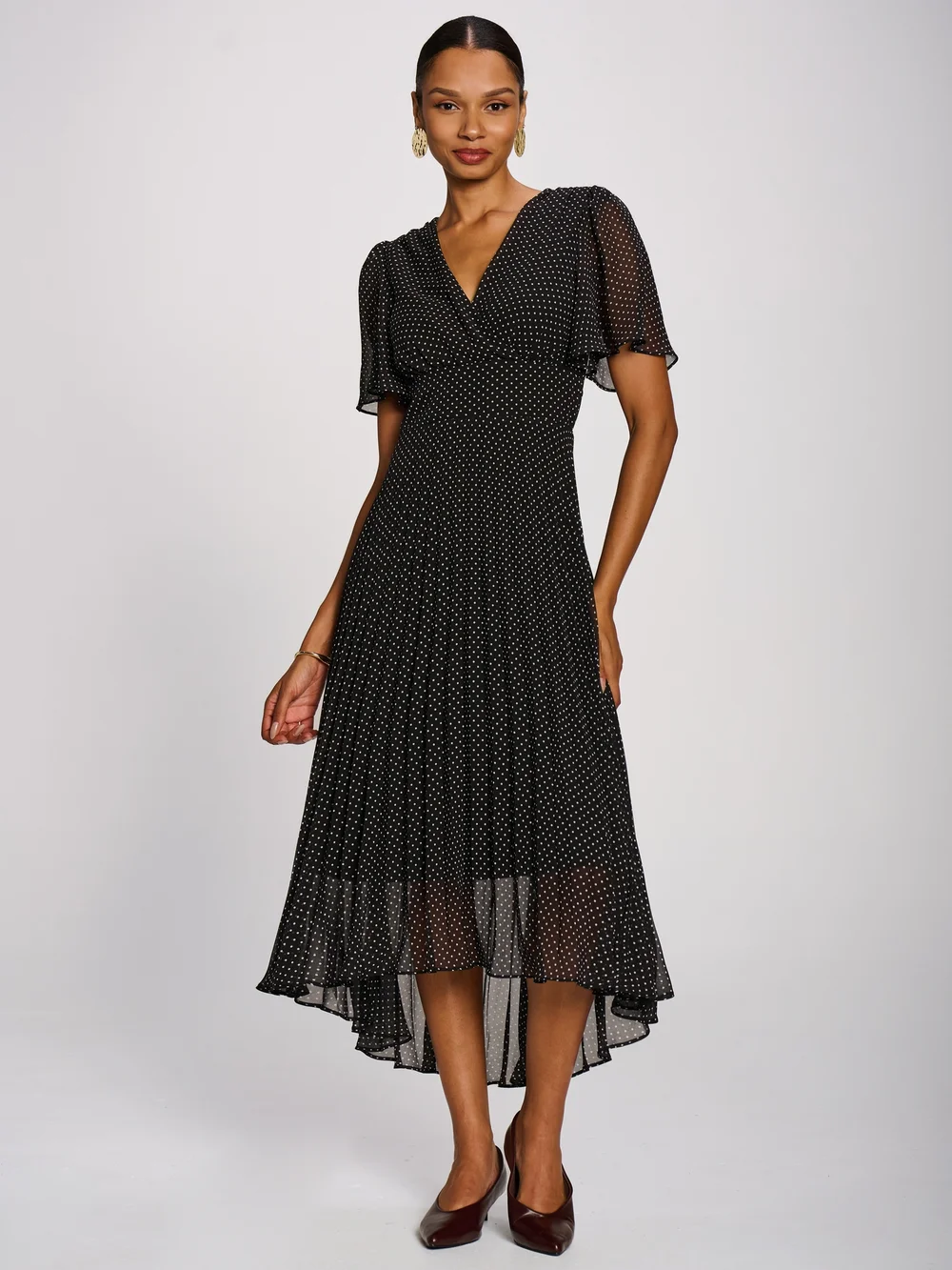 Jolie Moi Black Spot Angel Sleeve Pleated Chiffon Maxi Dress - 18 Image 3