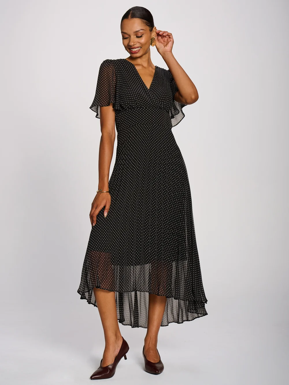 Jolie Moi Black Spot Angel Sleeve Pleated Chiffon Maxi Dress - 18 Image 1