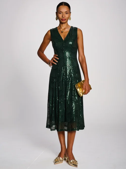 Jolie Moi Dark Green Patterned Sequin V-Neckline Midi Dress - 12 Image 5