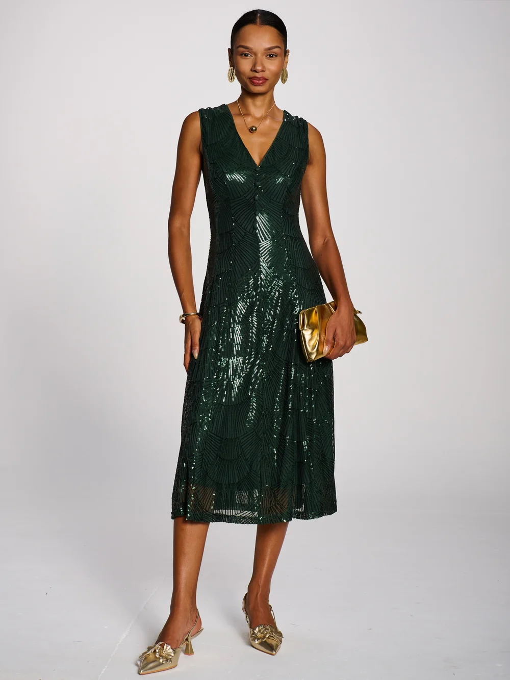Jolie Moi Dark Green Patterned Sequin V-Neckline Midi Dress - 12 Image 4
