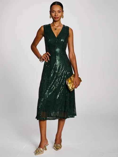 Jolie Moi Dark Green Patterned Sequin V-Neckline Midi Dress - 12 Image 1