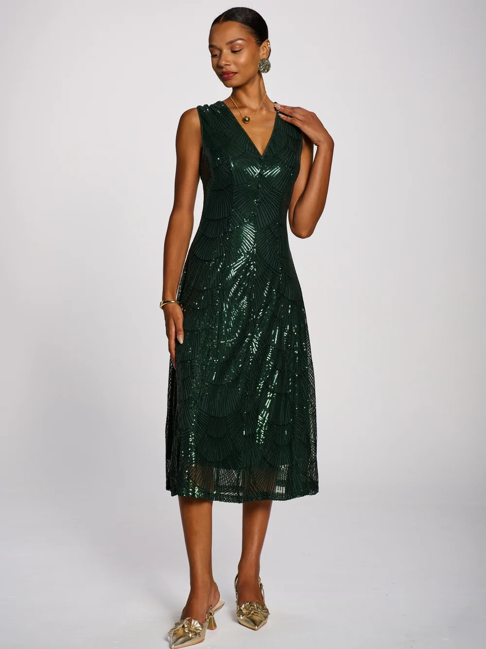 Jolie Moi Dark Green Patterned Sequin V-Neckline Midi Dress - 12 Image 3
