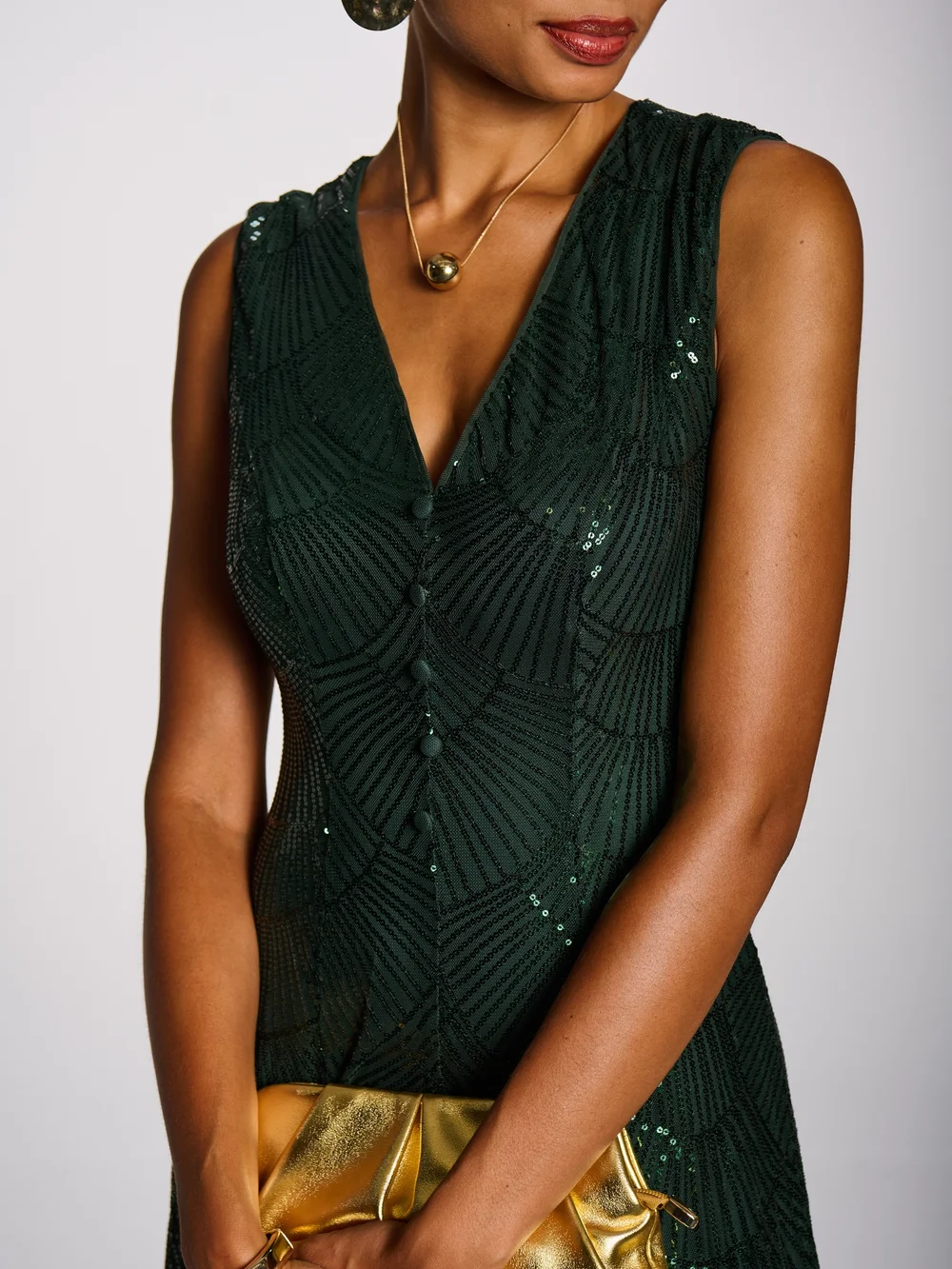 Jolie Moi Dark Green Patterned Sequin V-Neckline Midi Dress - 12 Image 2
