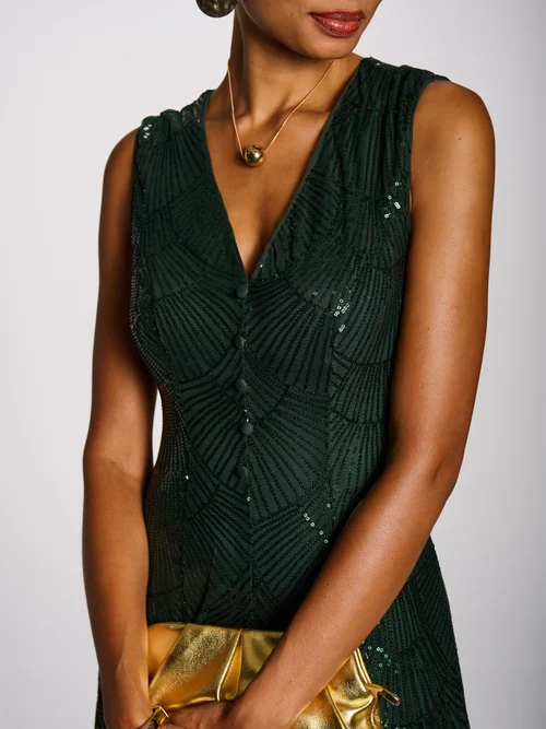 Jolie Moi Dark Green Patterned Sequin V-Neckline Midi Dress - 12 Image 2