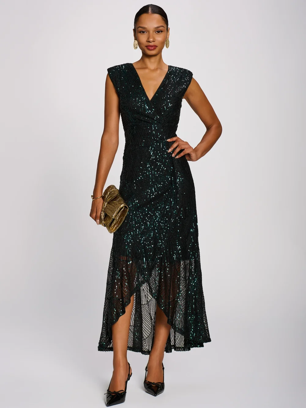 Jolie Moi Emerald Green Sequin V-Neck Maxi Dress - 20 Image 3