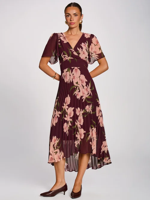 Jolie Moi Burgundy Floral Angel Sleeve Pleated Chiffon Maxi Dress - 10 Image 4