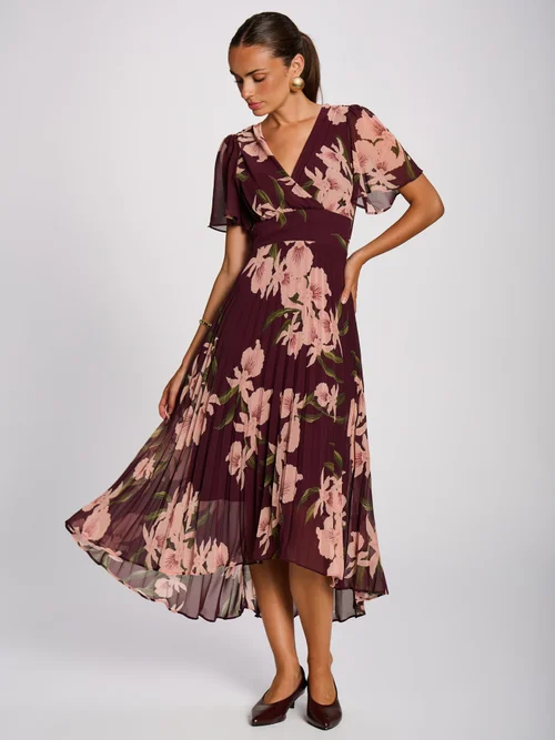 Jolie Moi Burgundy Floral Angel Sleeve Pleated Chiffon Maxi Dress - 10 Image 1
