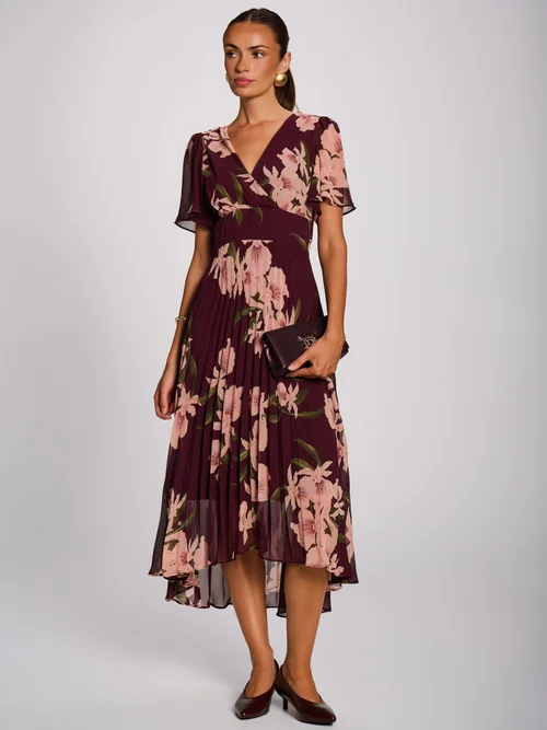 Jolie Moi Burgundy Floral Angel Sleeve Pleated Chiffon Maxi Dress - 10 Image 3