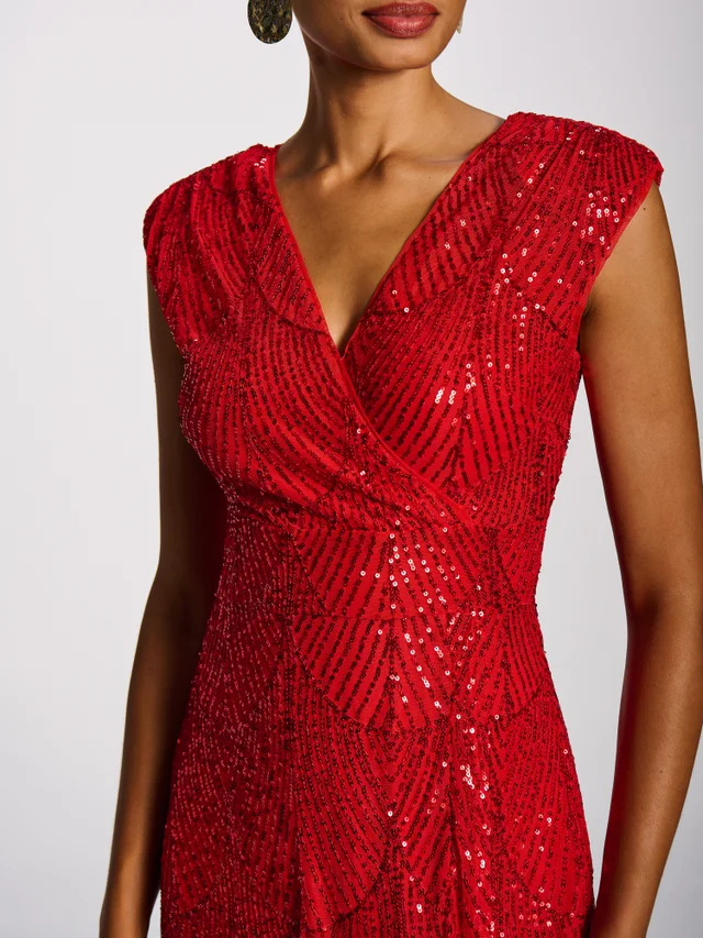 Jolie Moi Scarlet Red Sequin Flare Hem Maxi Dress