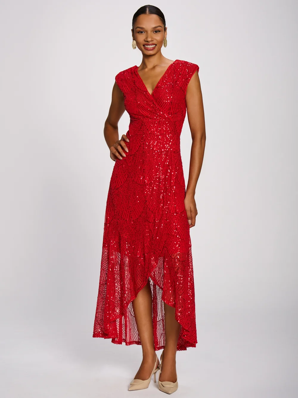 Jolie Moi Scarlet Red Sequin Flare Hem Maxi Dress - 16 Image 1