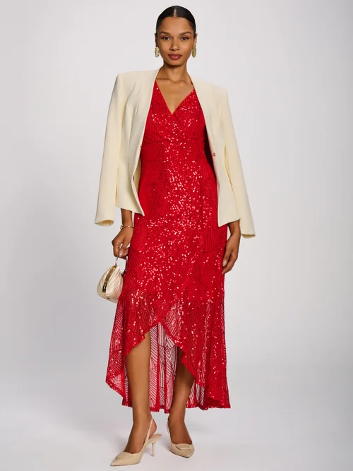 Jolie Moi Scarlet Red Sequin Flare Hem Maxi Dress - 16 Image 4