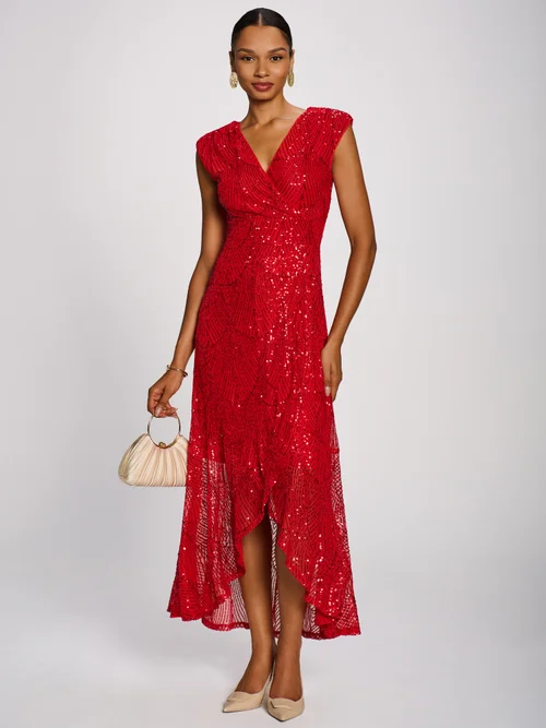 Jolie Moi Scarlet Red Sequin Flare Hem Maxi Dress - 16 Image 5